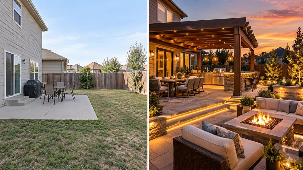 Before and after outdoor living transformation showing a plain backyard redesigned into a luxury patio with pergola, fire pit and outdoor kitchen