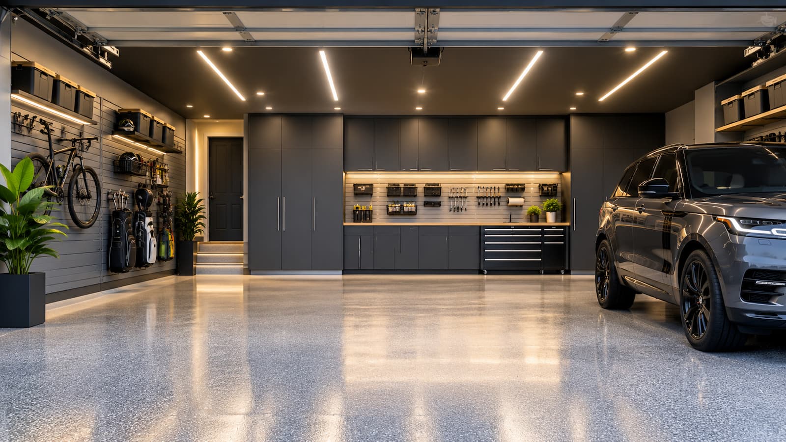 Premium garage transformation with custom cabinets, flooring and storage